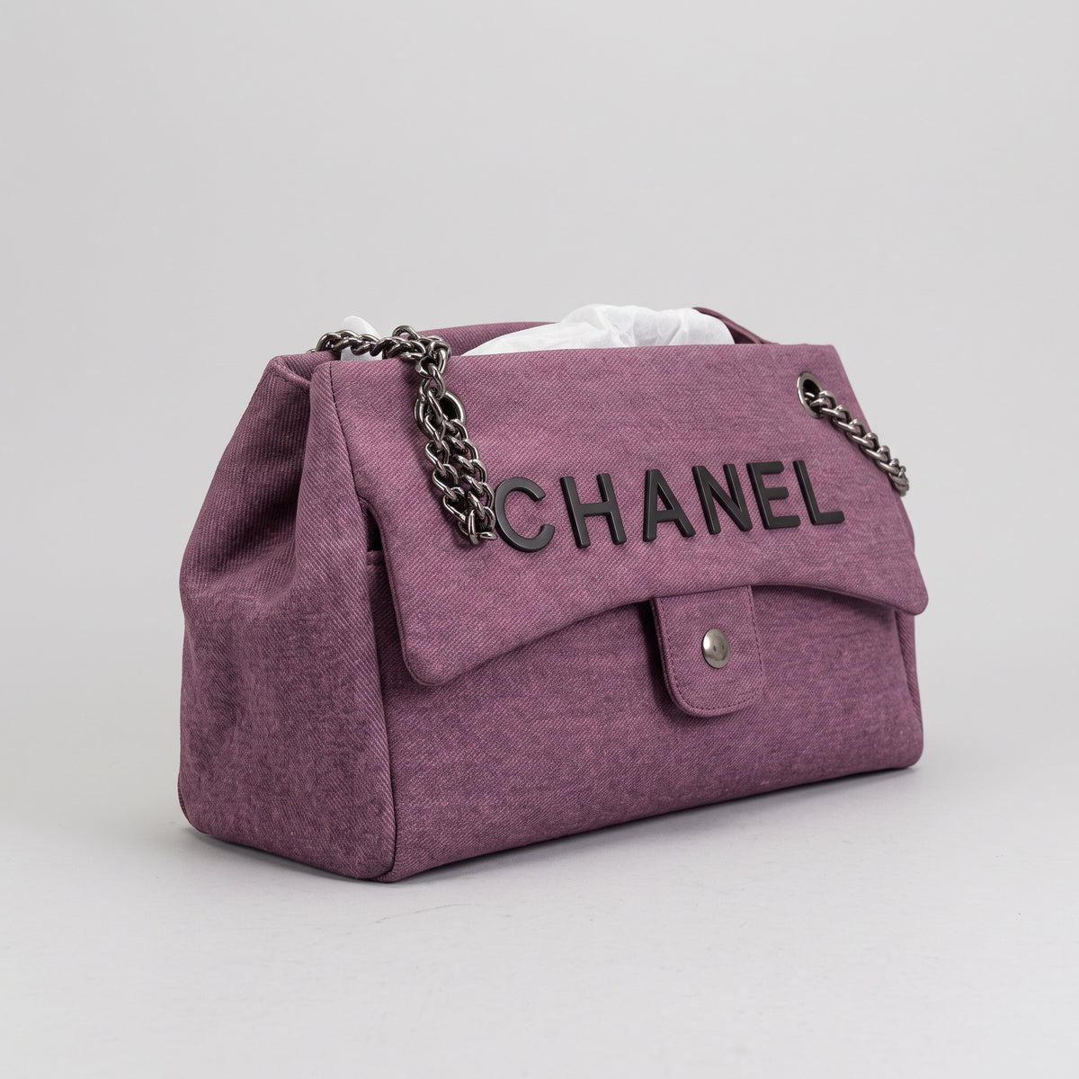Women’s Mauve Purple Washed Denim-Look Flap Shoulder Bag with Chain Straps and Black Lettering Detail