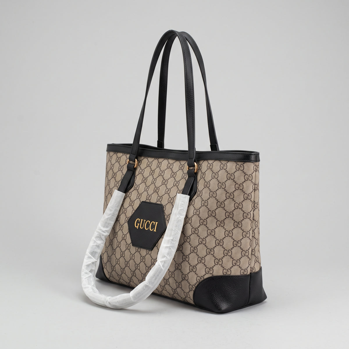 Women’s Beige & Brown Monogram Canvas Tote Bag with Black Leather-Look Trim and Long Shoulder Handles