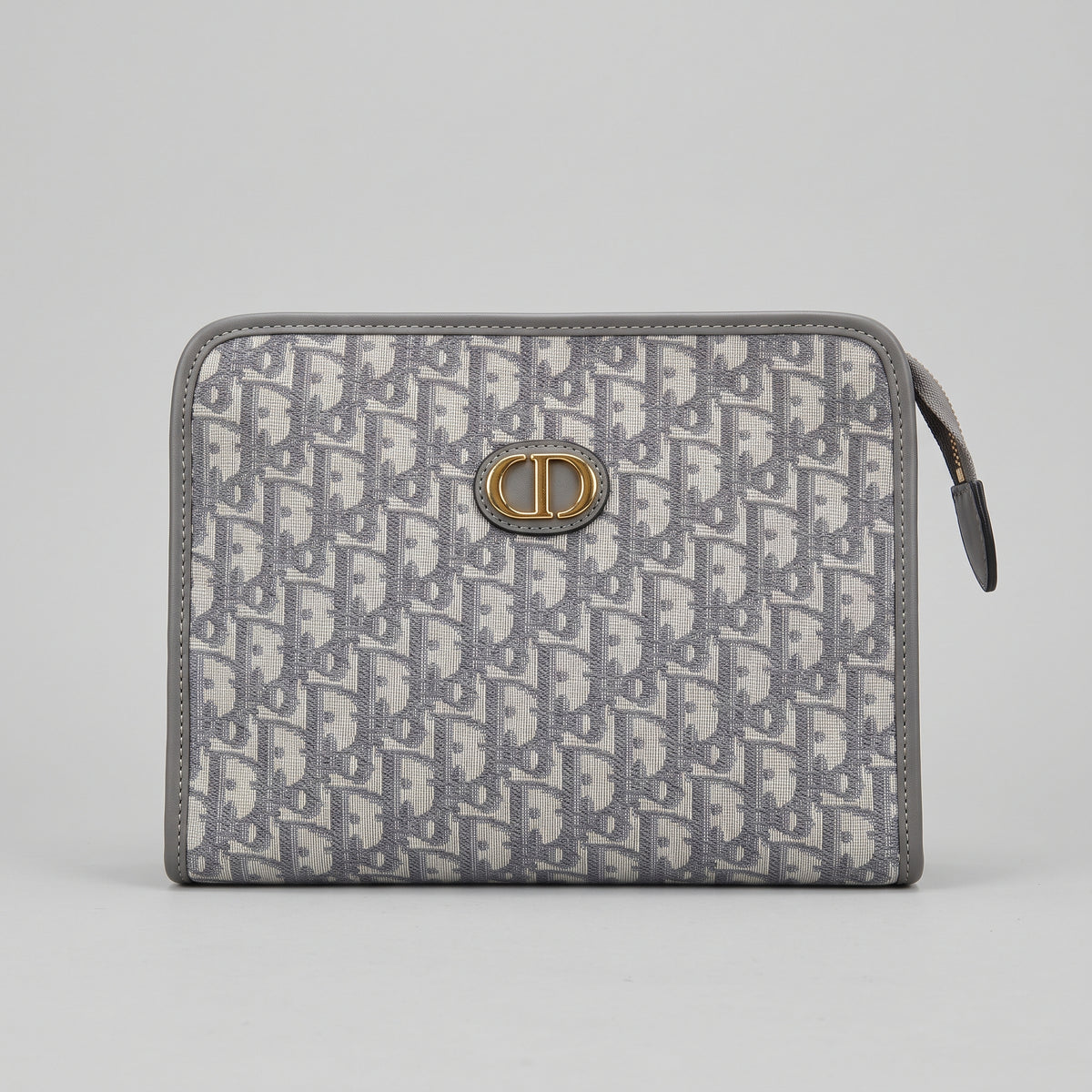 Grey Monogram Jacquard Zip Pouch with Grey Leather Trim and Gold Oval Emblem