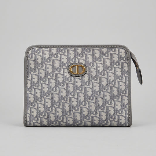 Grey Monogram Jacquard Zip Pouch with Grey Leather Trim and Gold Oval Emblem