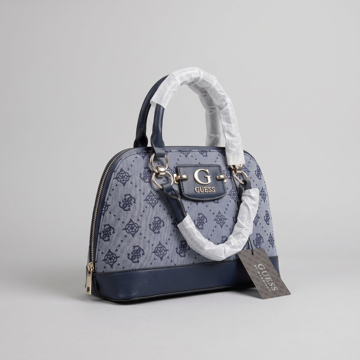 Women’s Navy Blue Jacquard Dome Satchel Handbag with Gold Hardware and Top Handle