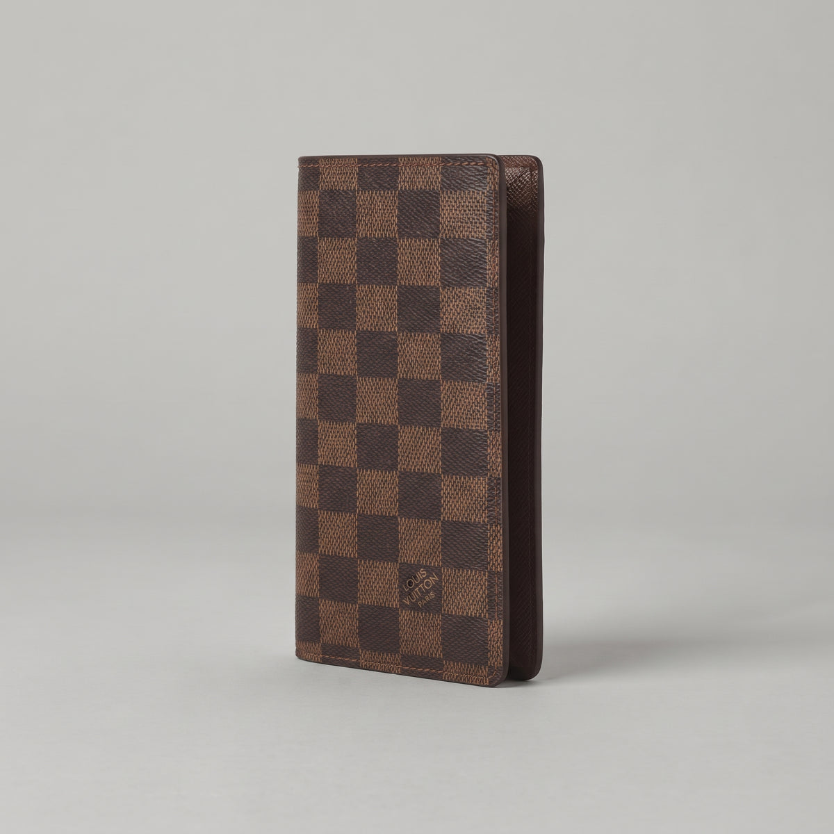 Men’s Long Bifold Wallet - Brown Checkered Pattern, Slim Vertical Design