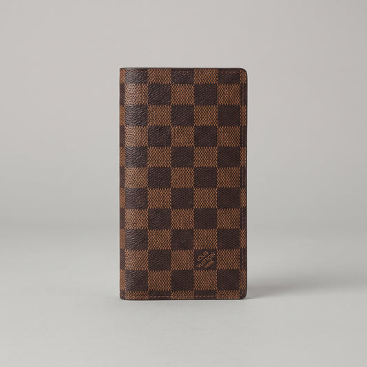 Men’s Long Bifold Wallet - Brown Checkered Pattern, Slim Vertical Design