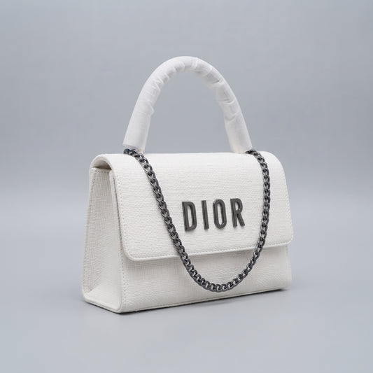 White Top-Handle Flap Handbag with Detachable Chain Strap