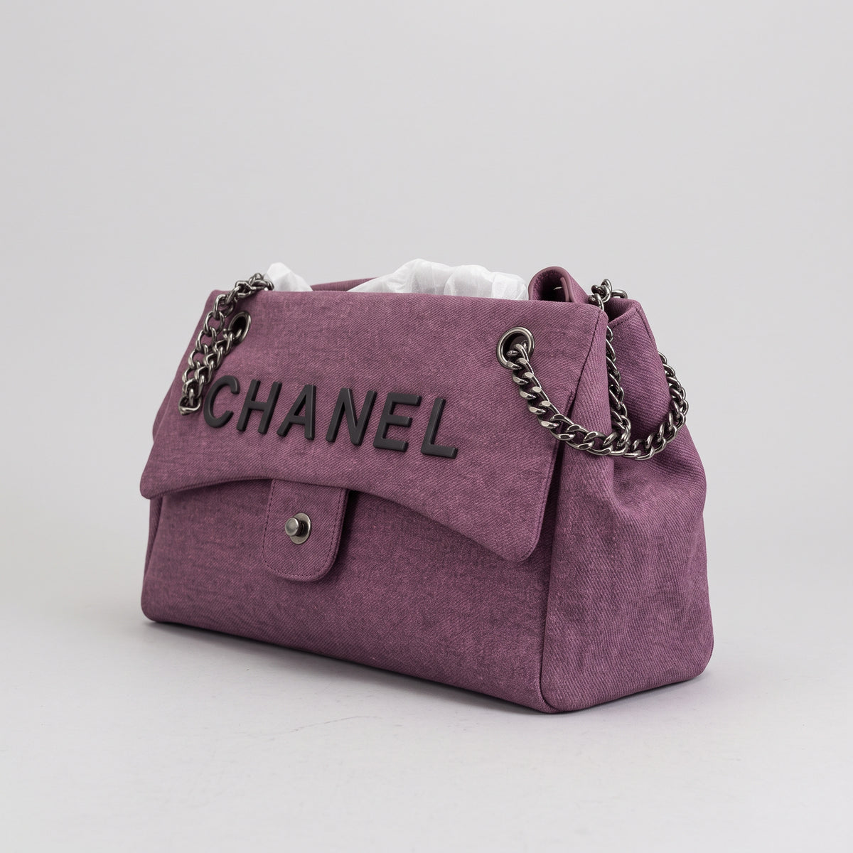 Women’s Mauve Purple Washed Denim-Look Flap Shoulder Bag with Chain Straps and Black Lettering Detail