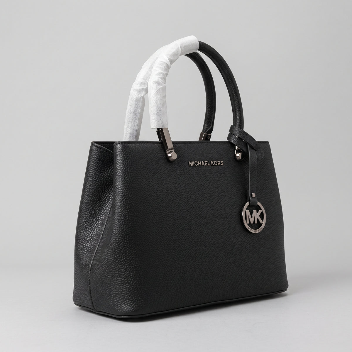 Women’s Black Pebbled Faux Leather Satchel Handbag with Gunmetal Hardware and Hanging Charm