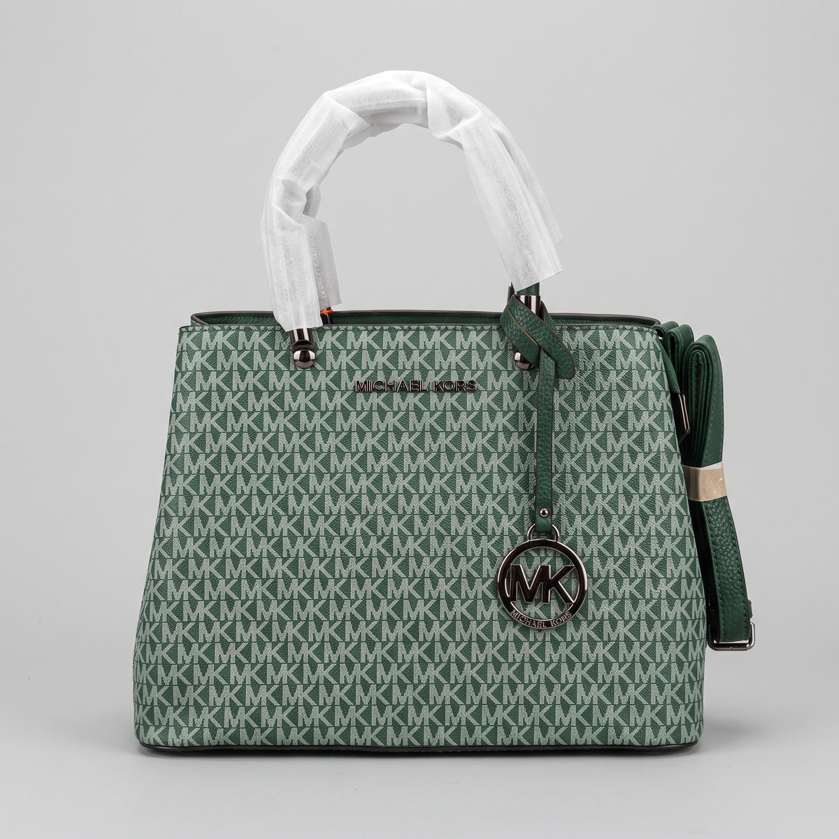 Women’s Emerald Green Printed Satchel Handbag with Gunmetal Hardware, Hanging Charm and Detachable Strap