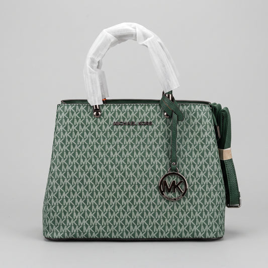 Women’s Emerald Green Printed Satchel Handbag with Gunmetal Hardware, Hanging Charm and Detachable Strap