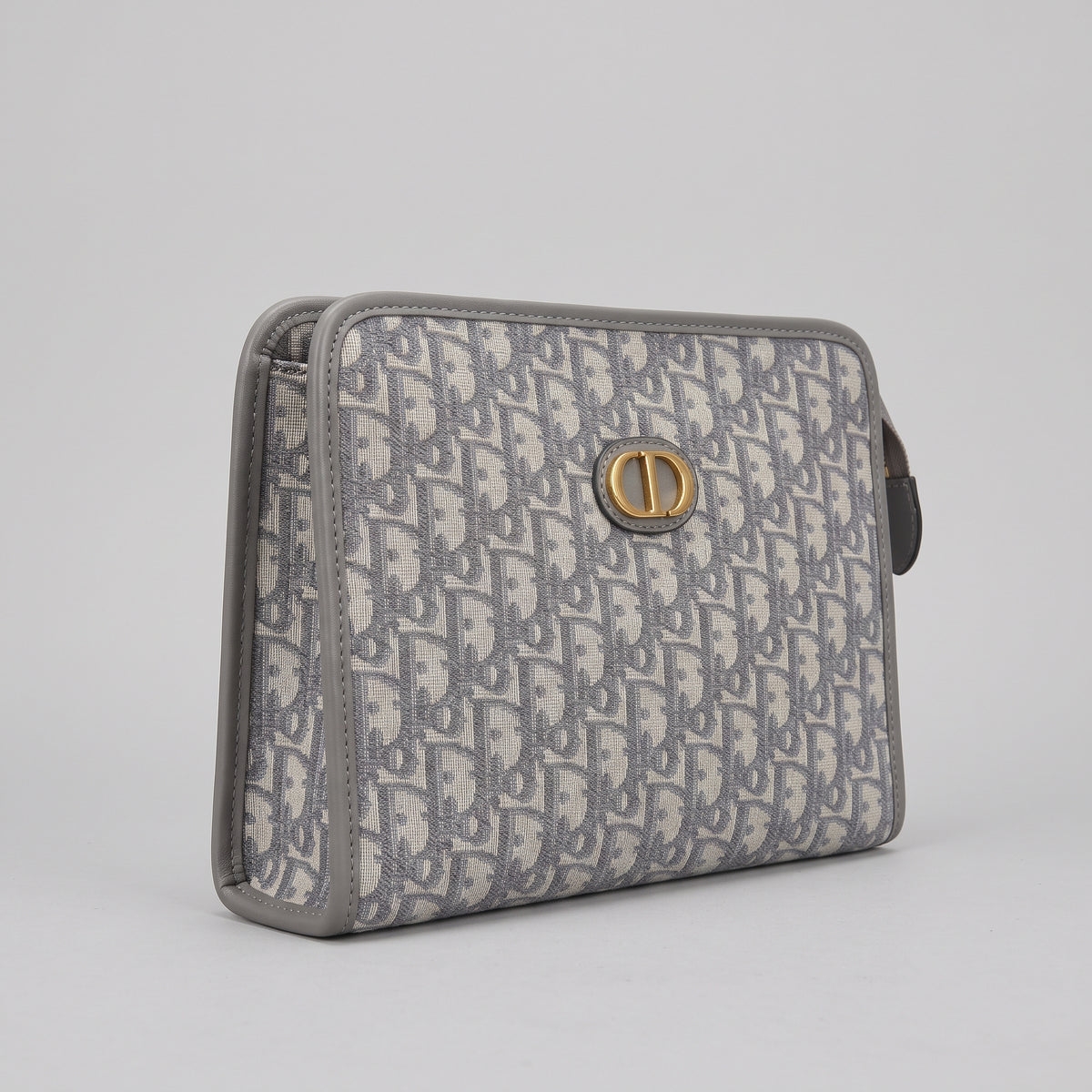 Grey Monogram Jacquard Zip Pouch with Grey Leather Trim and Gold Oval Emblem