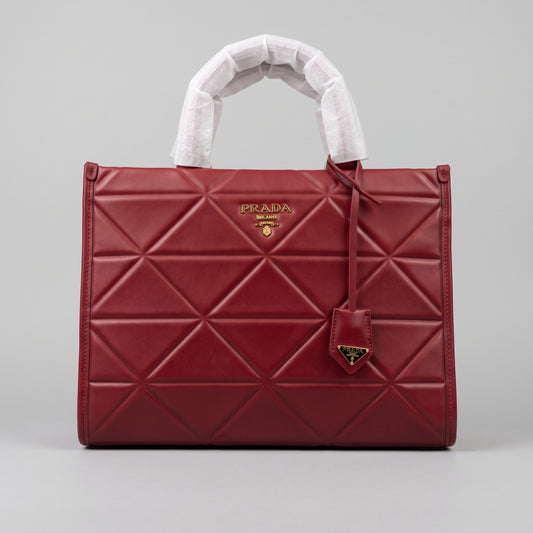Women’s Burgundy Red Geometric Quilted Faux Leather Tote Bag with Gold Hardware and Hanging Charm