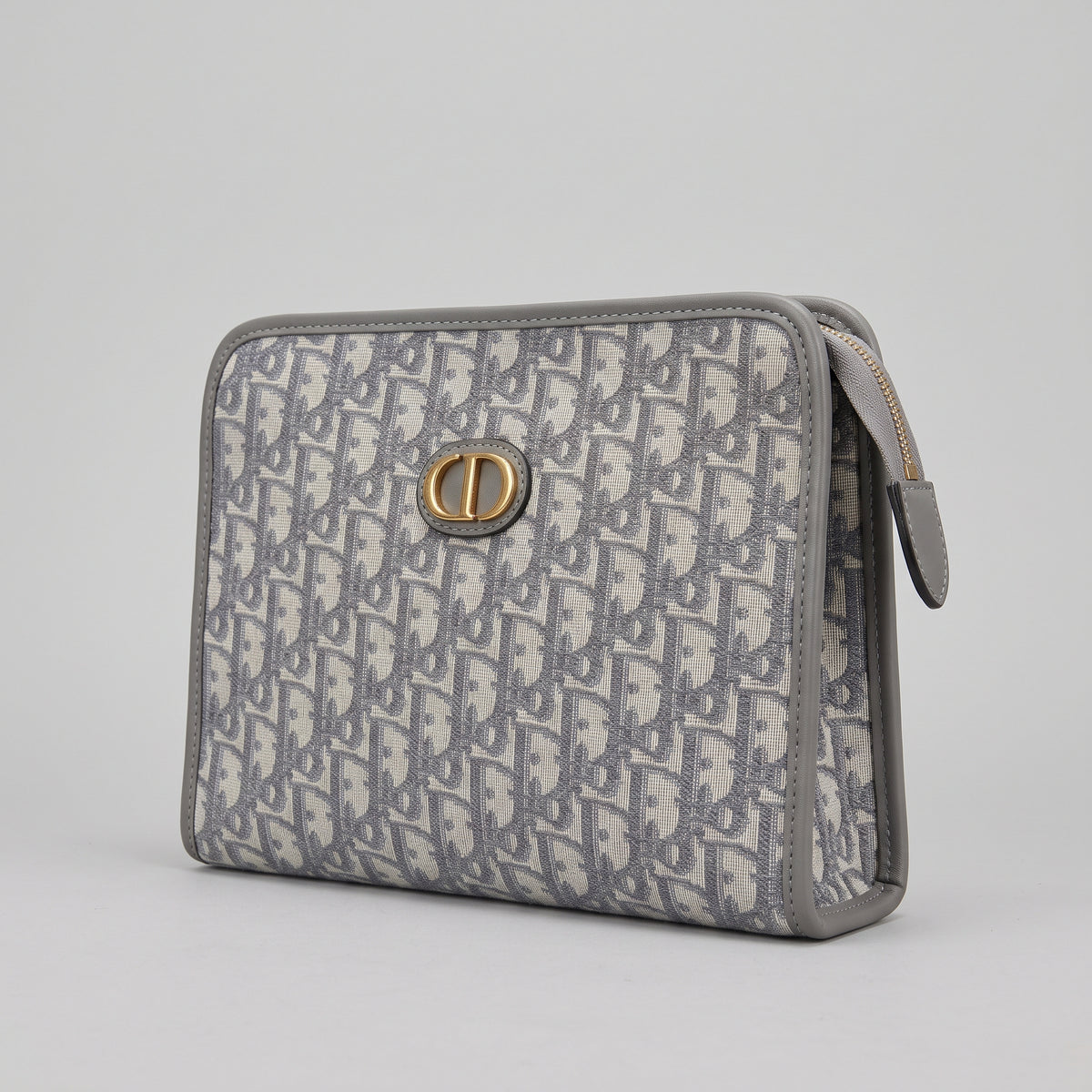 Grey Monogram Jacquard Zip Pouch with Grey Leather Trim and Gold Oval Emblem