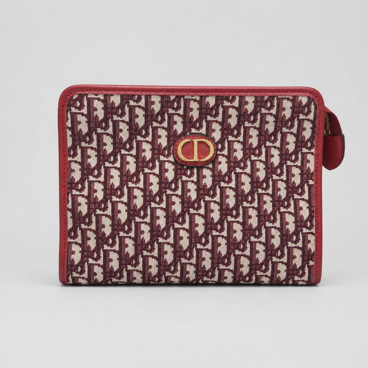 Burgundy Monogram Jacquard Zip Pouch with Red Leather Trim and Gold Oval Emblem