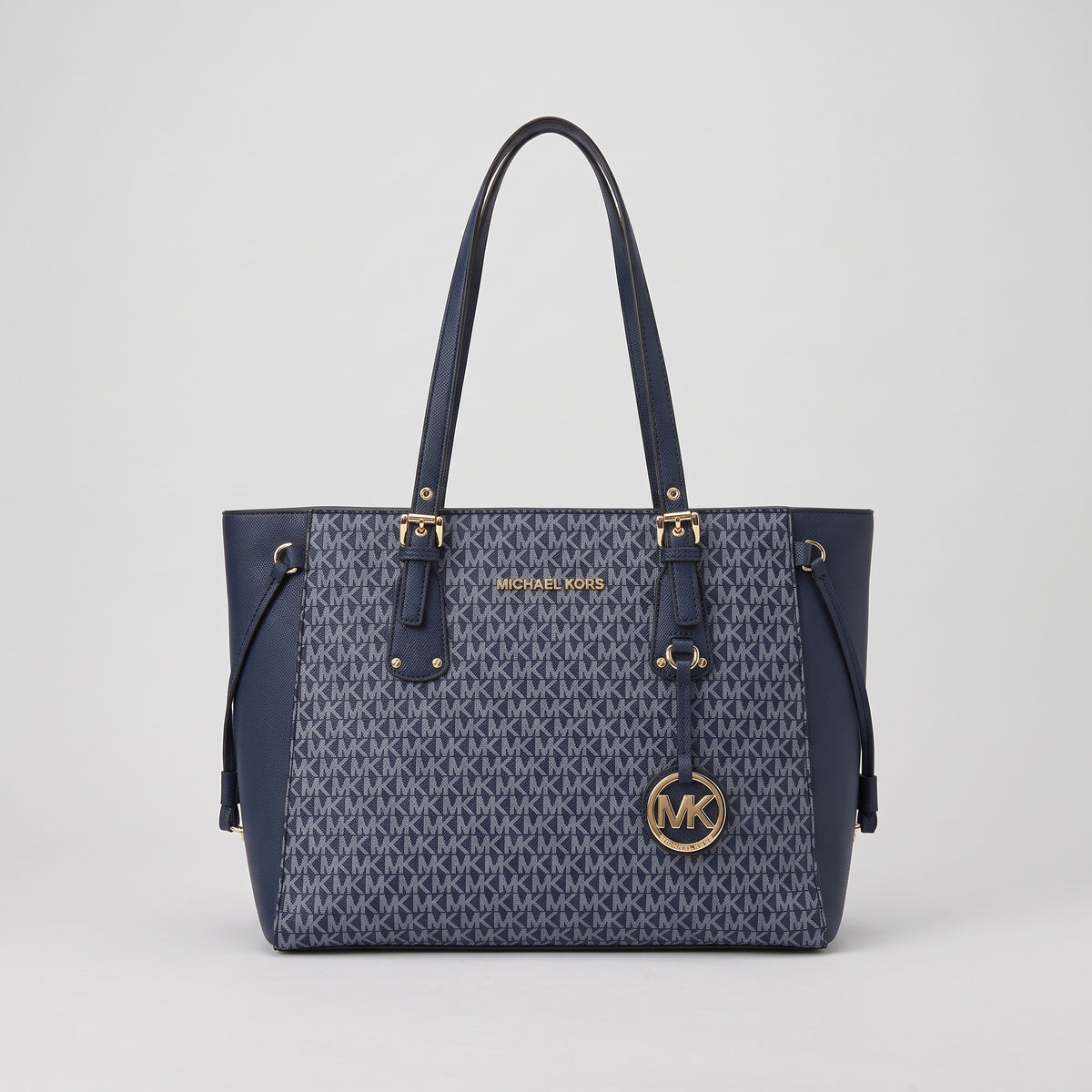 Women’s Navy Blue Monogram Tote Bag with Gold Hardware and Hanging Charm