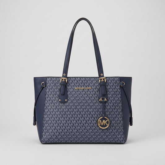 Women’s Navy Blue Monogram Tote Bag with Gold Hardware and Hanging Charm