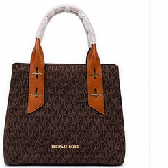 Brown Tan Michael Kors Monogram Tote Bag | MK Logo Handbag with Gold Hardware UAE