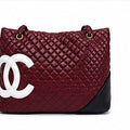 Burgundy Chanel Style Quilted Diamond Tote Bag with CC Logo | Wine Red Designer Handbag UAE